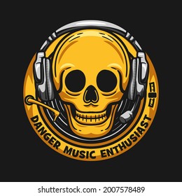 Skull headset nusic emblem logo. hand drawn illustration for music or disc jockey
