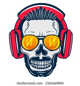 Skull with headset vector illustration. Head of character in headphones. Sound technology concept for online games topic or tattoo template