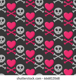 Skull, heart and crossbones seamless pattern, Flat design of danger or poison sign, St Valentine day object, Jolly Roger vector illustration