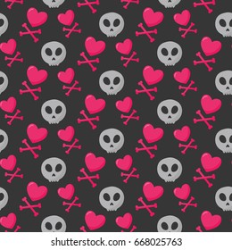 Skull, heart and crossbones seamless pattern, Flat design of danger or poison sign, St Valentine day object, Jolly Roger vector illustration