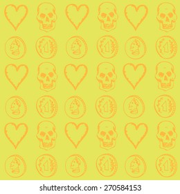 skull, heart and money seamless pattern