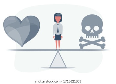 Skull and heart on seesaw. Choosing healthcare or die concept. Vector flat design illustration.