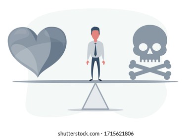 Skull and heart on seesaw. Choosing healthcare or die concept. Vector flat design illustration.