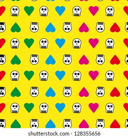 skull and heart seamless pattern on yellow background