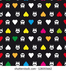 skull and heart seamless pattern on black background