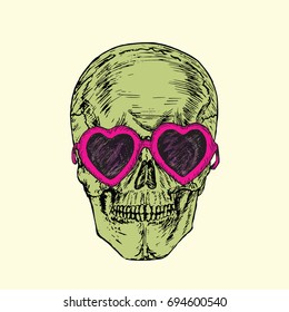Skull in heart shape pink sunglasses, hand drawn doodle, sketch in pop art style, color vector illustration
