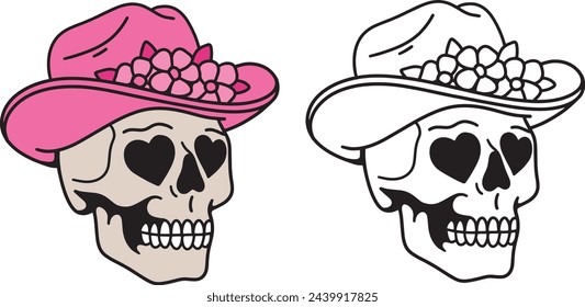 Cráneo con ojos en forma de corazón con sombrero de vaquero y flores. Calavera rosa chica, núcleo y2k, contorno de ilustración plana y color