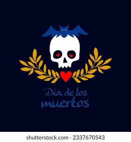 Skull with hearts in it's eyes and text Dia de los muertos. Vector illustration holiday banner