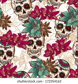 Skull  Hearts   Flowers Seamless Background