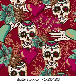 Skull, Hearts and Flowers Seamless Background