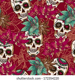 Skull, Hearts and Flowers Seamless Background