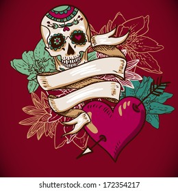 Skull  Hearts   Flowers Vector Illustration 