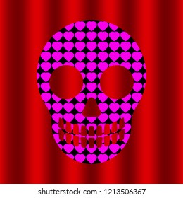 Skull and hearts on a red background, vector