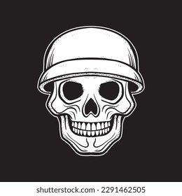 A skull with a helmet art Illustration hand drawn style black and white premium vector 