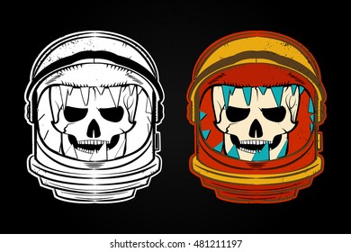 skull in the helmet of an astronaut with broken glass.