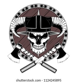 Skull in helmet with axes and shield.