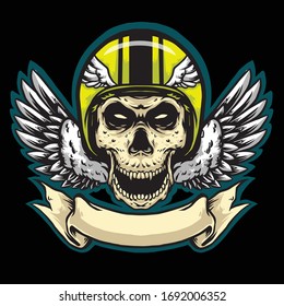 skull helmet with banner and wing club logo mascot design