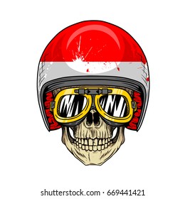 Skull Helmet, Biker Skull Wearing Yellow goggles and Indonesian Grunge Flag Helmet