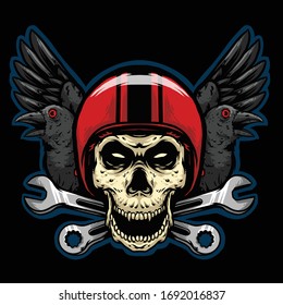 skull helmet with bird and wrench club logo mascot design