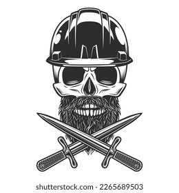 Skull in helmet construction hard hat with hipster mustache and beard and crossed knife dagger isolated on white background monochrome illustration