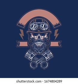 Skull in Helmet with Crossed Pistons, hand drawn line with digital color, vector illustration