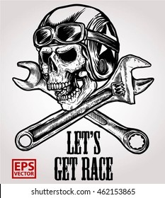 Skull and helmet with Crossed wrench let's get race graphic vector