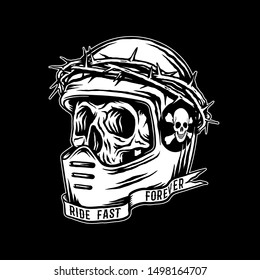 Skull in a helmet with a crown of thorns in retro style with slogan "Ride fast forever". T-shirt print design. Vector.