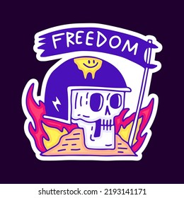 Calavera con casco con dibujos animados de la bandera del fuego y la libertad, ilustración para camisetas, pegatinas o prendas de vestir. Con estilo pop moderno y retro.