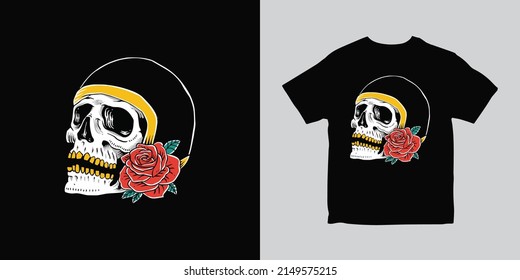 skull helmet with flower illustration tshirt design