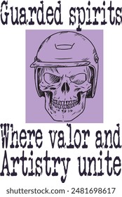 skull with helmet (Guarded spirits, where valor and artistry unite) funny cartoon art for print on demand (t shirt design).