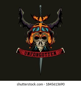 Skull with Helmet Horn and Sword Badge for Motocycle Apparel T-shirt Design