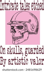 skull with helmet (Intricate tales etched on skulls, guarded by artistic valor) funny cartoon art for print on demand (t shirt design).