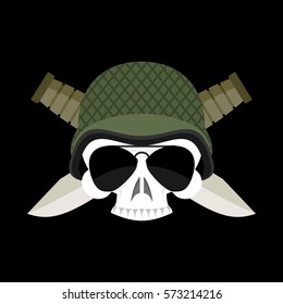 Skull in helmet military emblem. Army cap and  knife. Terrible sign for clothing soldiers