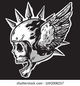 skull helmet with mohawk and wing club logo mascot design