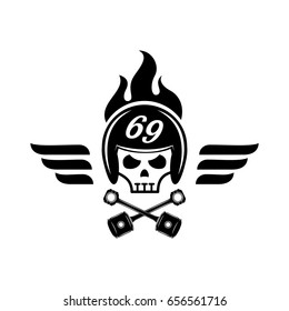 skull with helmet on fire logo design for garage with wing ,rod,piston icon