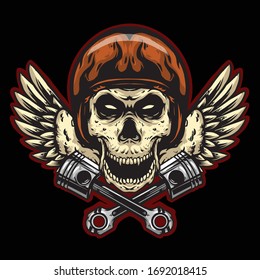 skull helmet with piston and wing club logo mascot design