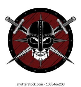 Skull in a helmet with swords and shield. Vector image on white background.