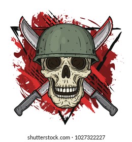 The skull in the helmet and two crossed machetes. Dead soldier. 