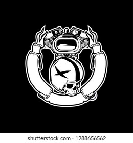 skull with helmet and v-twin engine vector logo template