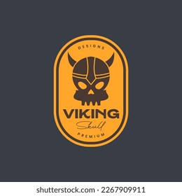 skull helmet warrior viking nordic fairy tale vintage badge logo design vector icon illustration