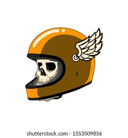 Skull Helmet with wings. Biker Head vector illustration. Beside View.