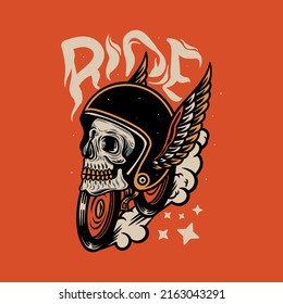 Skull helmet with wings motorcycle vector vintage illustration
