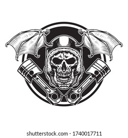 skull with helmet and wings ornament with pistons black and white illustration