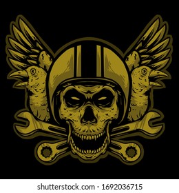 skull helmet with wrench and wings club logo mascot design