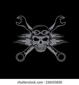 skull in helmet and wrenches with flames