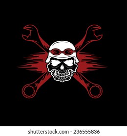 skull in helmet and wrenches with flames
