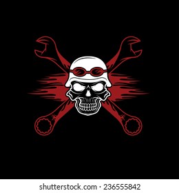 skull in helmet and wrenches with flames