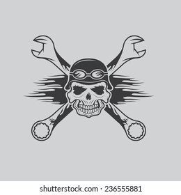 skull in helmet and wrenches with flames