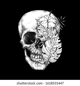 Skull and Hibiscus Flower, Hand Drawn Pointillism Illustration, Isolated Vector