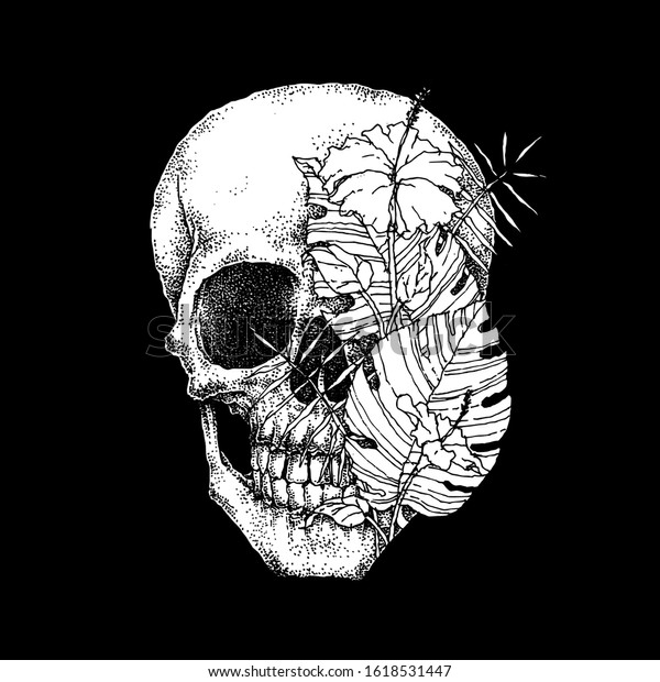 Skull Hibiscus Flower Hand Drawn Pointillism Stock Vector (Royalty Free ...